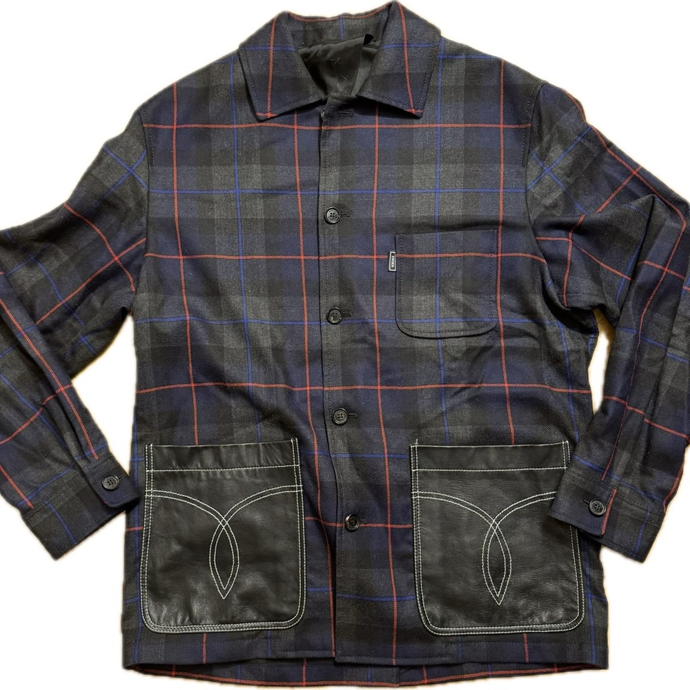 Versace Blue and Red Plaid Wool Jacket with Leather Pockets